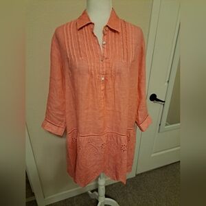 Linen Dress 120% Lino Embroidered Knee Length Pink Size 38 US Size XXS Oversized